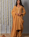 Chand Handcrafted Dull Gold Kurta Pant with Organza Silk Dupatta - Set of 3