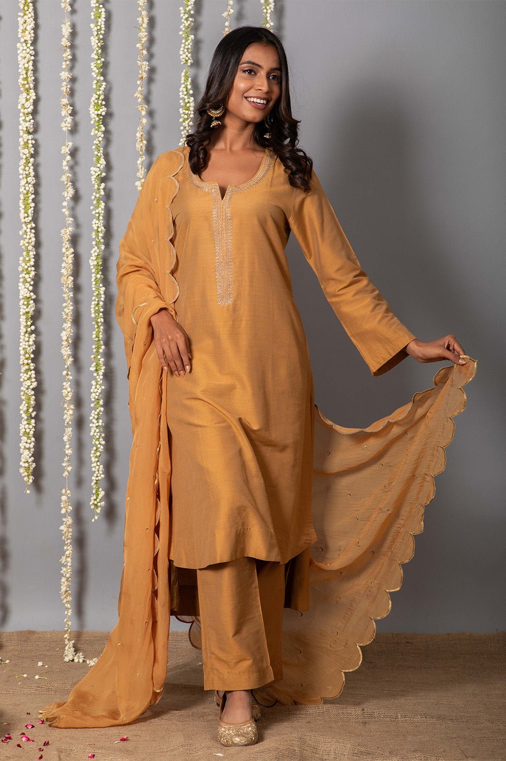 Chand Handcrafted Dull Gold Kurta Pant with Organza Silk Dupatta - Set of 3