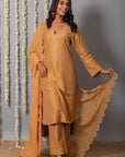 Chand Handcrafted Dull Gold Kurta Pant with Organza Silk Dupatta - Set of 3