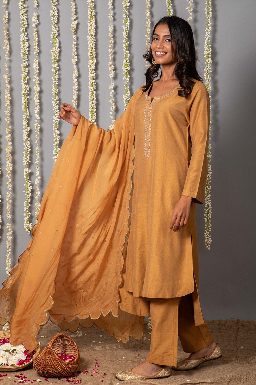 Chand Handcrafted Dull Gold Kurta Pant with Organza Silk Dupatta - Set of 3