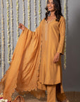 Chand Handcrafted Dull Gold Kurta Pant with Organza Silk Dupatta - Set of 3