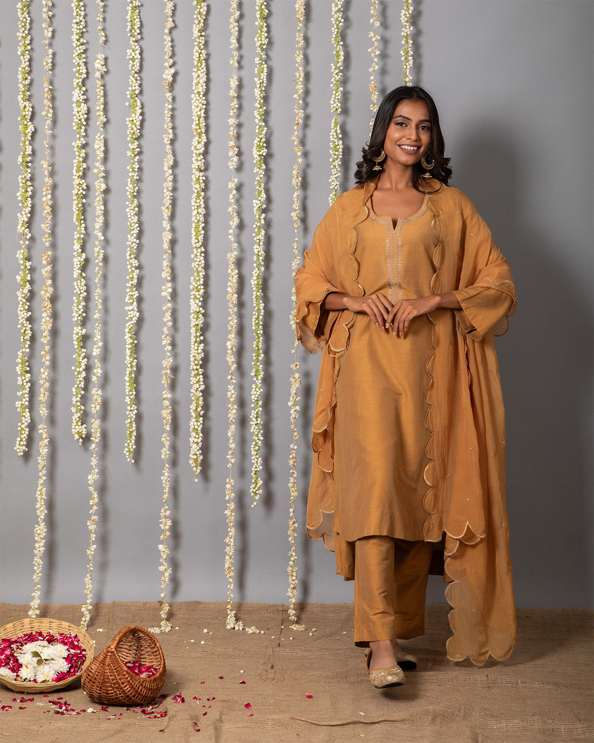 Chand Handcrafted Dull Gold Kurta Pant with Organza Silk Dupatta - Set of 3