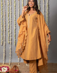 Chand Handcrafted Dull Gold Kurta Pant with Organza Silk Dupatta - Set of 3