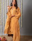 Chand Handcrafted Dull Gold Kurta Pant with Organza Silk Dupatta - Set of 3