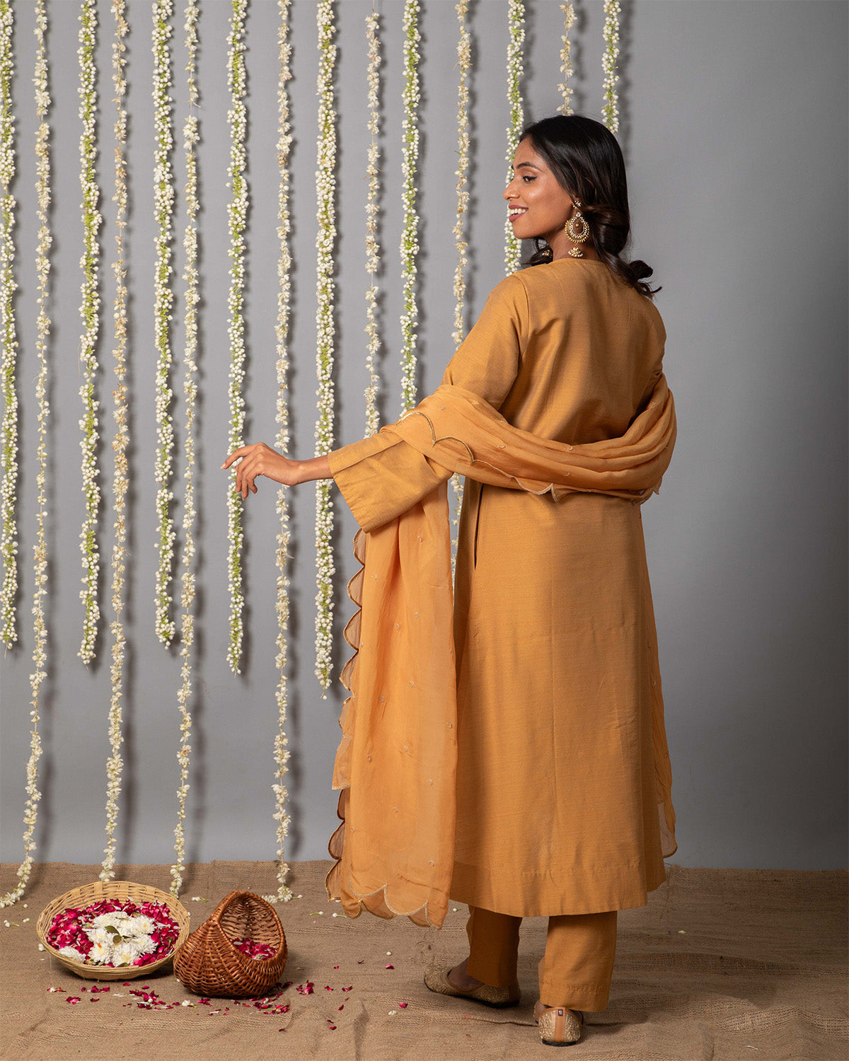 Chand Handcrafted Dull Gold Kurta Pant with Organza Silk Dupatta - Set of 3