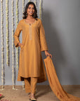 Chand Handcrafted Dull Gold Kurta Pant with Organza Silk Dupatta - Set of 3