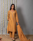 Chand Handcrafted Dull Gold Kurta Pant with Organza Silk Dupatta - Set of 3