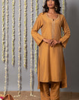 Chand Handcrafted Dull Gold Kurta Pant with Organza Silk Dupatta - Set of 3