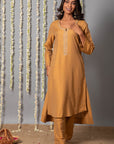 Chand Handcrafted Dull Gold Kurta Pant with Organza Silk Dupatta - Set of 3