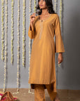 Chand Handcrafted Dull Gold Kurta Pant with Organza Silk Dupatta - Set of 3