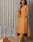 Chand Handcrafted Dull Gold Kurta Pant with Organza Silk Dupatta - Set of 3