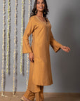 Chand Handcrafted Dull Gold Kurta Pant with Organza Silk Dupatta - Set of 3