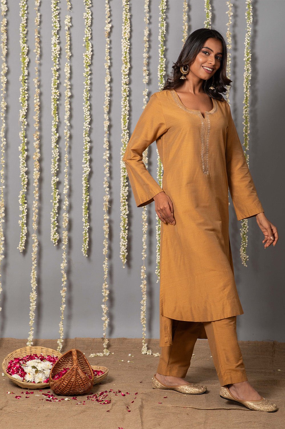 Chand Handcrafted Dull Gold Kurta Pant with Organza Silk Dupatta - Set of 3