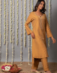 Chand Handcrafted Dull Gold Kurta Pant with Organza Silk Dupatta - Set of 3