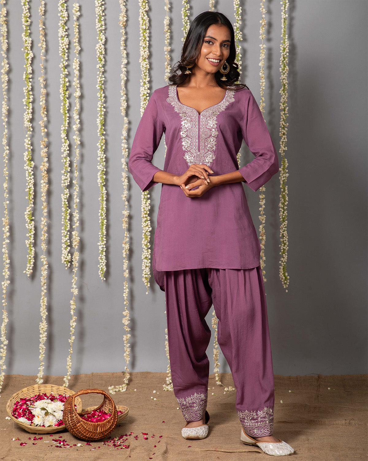 Modal Embroidery Short Kurta with Embroidery Shalwar and Organza Silk Dupatta - Set of 3