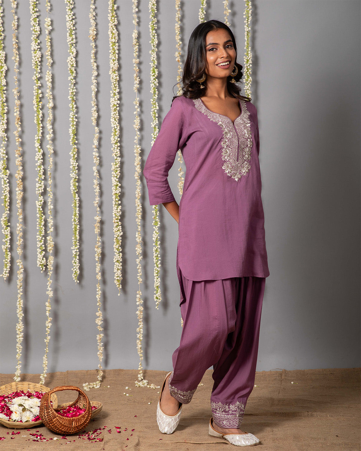 Modal Embroidery Short Kurta with Embroidery Shalwar and Organza Silk Dupatta - Set of 3