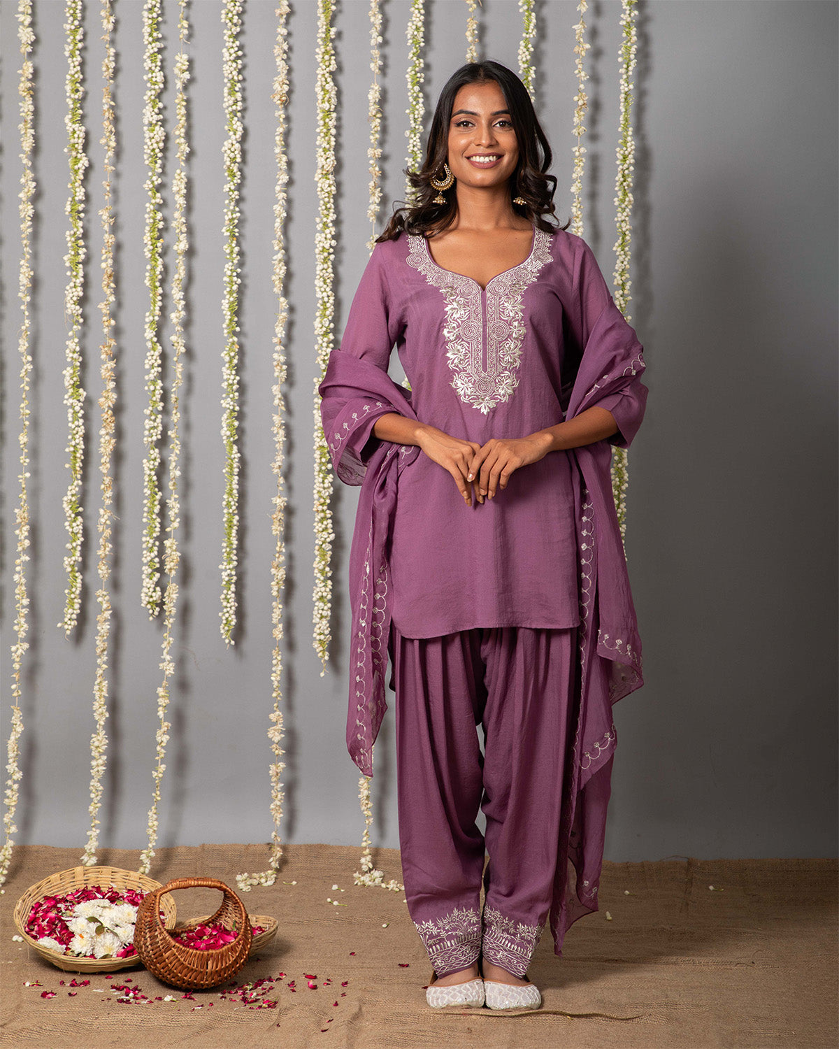 Modal Embroidery Short Kurta with Embroidery Shalwar and Organza Silk Dupatta - Set of 3