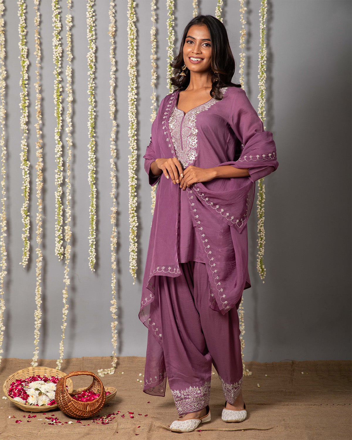 Modal Embroidery Short Kurta with Embroidery Shalwar and Organza Silk Dupatta - Set of 3