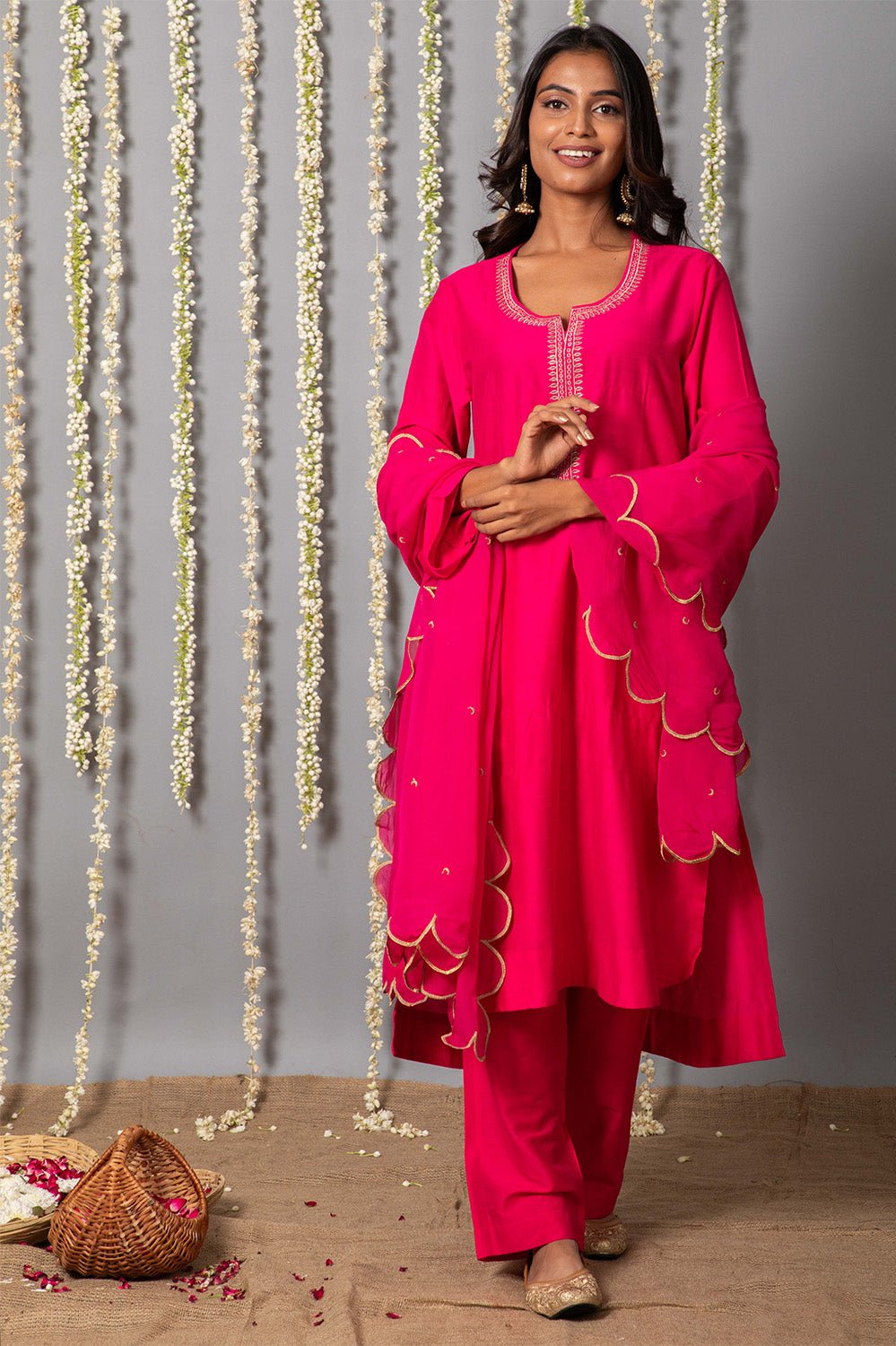 Chand Gulabi Cotton Silk Kurta with Organza Silk Dupatta - Set of 3