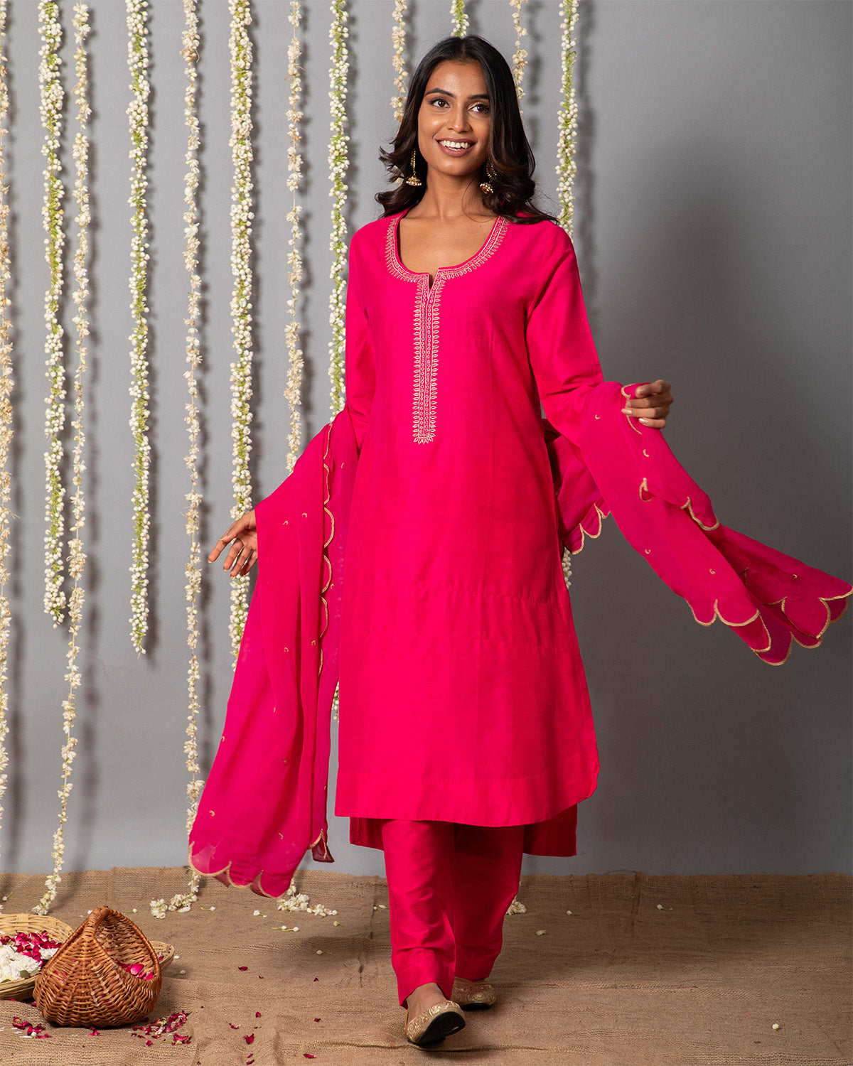 Chand Gulabi Cotton silk Kurta with Organza silk Dupatta - Set of 3