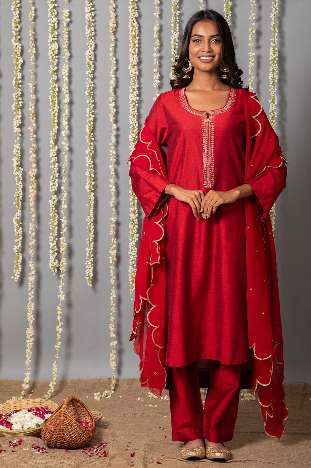 Chand Deep Red Cotton Silk Kurta with Organza Silk Dupatta - Set of 3