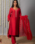 Chand Deep Red Cotton Silk Kurta with Organza Silk Dupatta - Set of 3