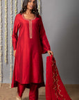 Chand Deep Red Cotton Silk Kurta with Organza Silk Dupatta - Set of 3