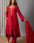 Chand Deep Red Cotton Silk Kurta with Organza Silk Dupatta - Set of 3