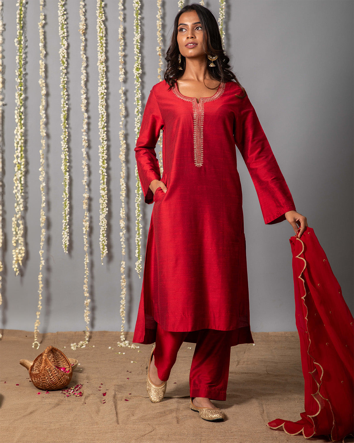 Chand Deep Red Cotton Silk Kurta with Organza Silk Dupatta - Set of 3