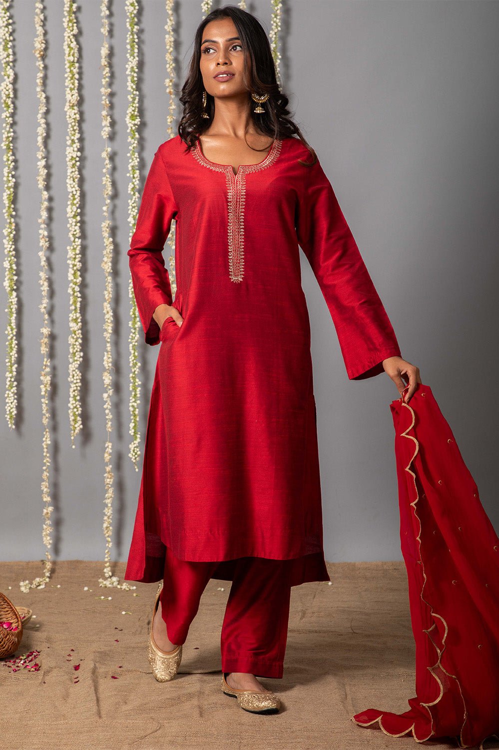 Chand Deep Red Cotton Silk Kurta with Organza Silk Dupatta - Set of 3