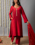 Chand Deep Red Cotton Silk Kurta with Organza Silk Dupatta - Set of 3