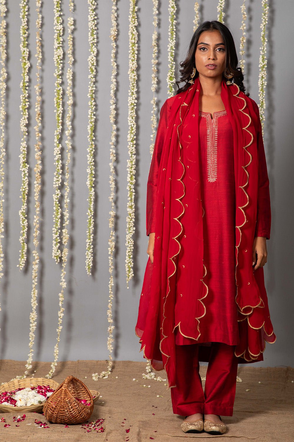 Chand Deep Red Cotton Silk Kurta with Organza Silk Dupatta - Set of 3