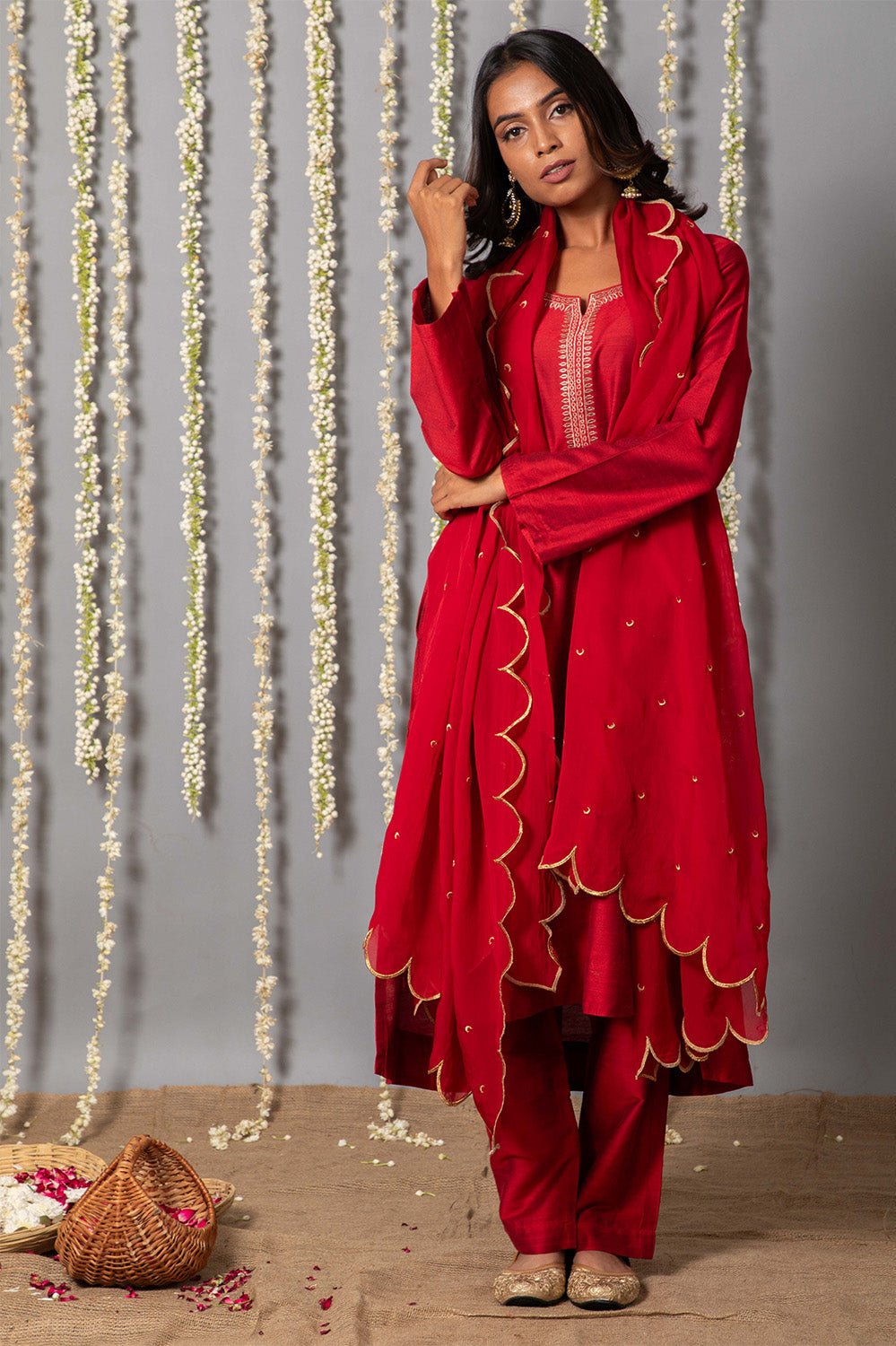 Chand Deep Red Cotton Silk Kurta with Organza Silk Dupatta - Set of 3