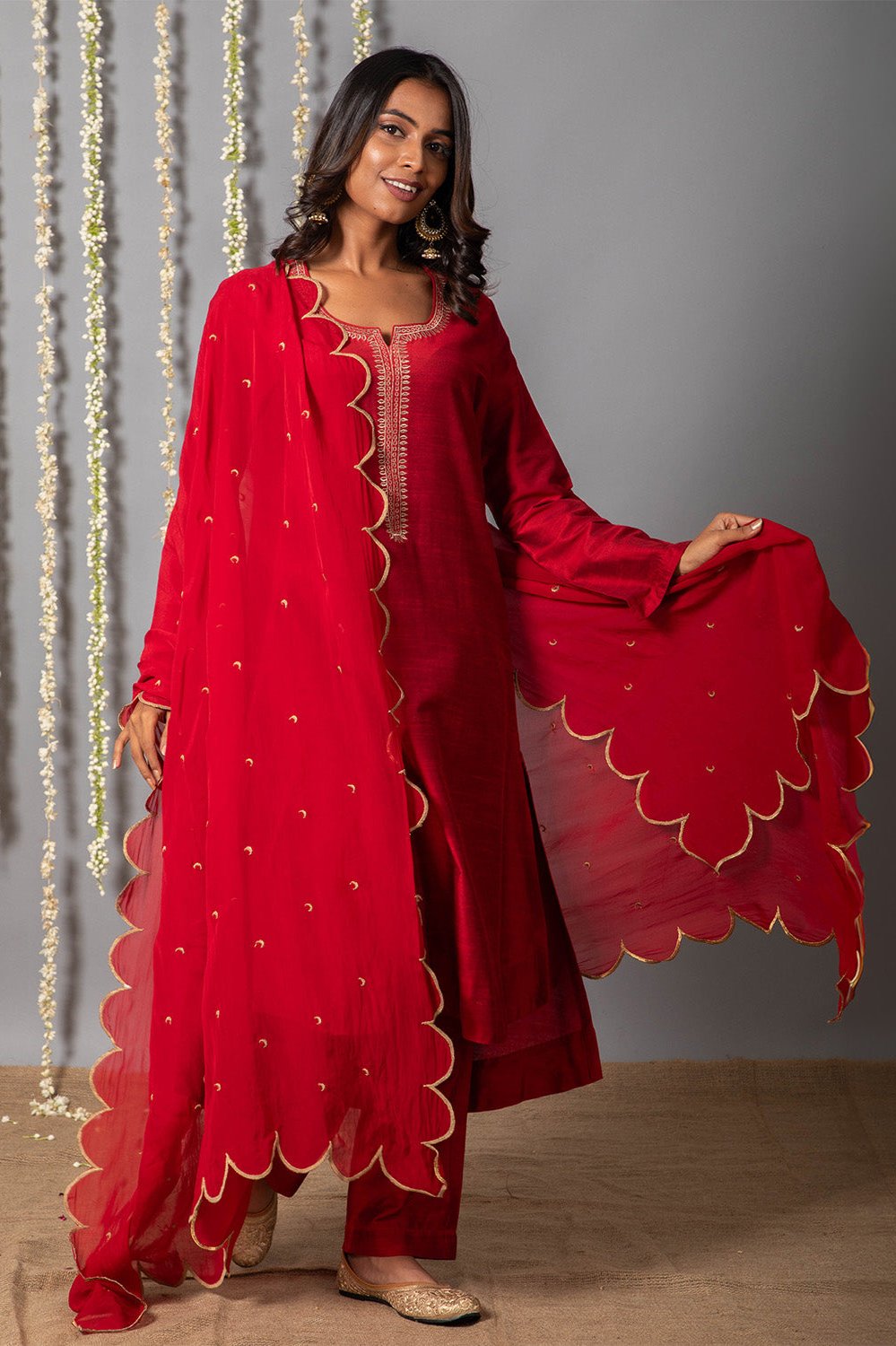 Chand Deep Red Cotton Silk Kurta with Organza Silk Dupatta - Set of 3