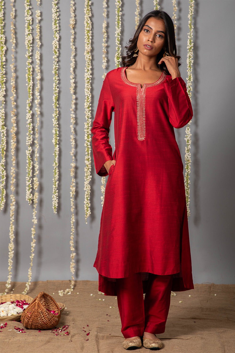 Chand Deep Red Cotton Silk Kurta with Organza Silk Dupatta - Set of 3