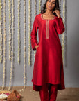 Chand Deep Red Cotton Silk Kurta with Organza Silk Dupatta - Set of 3