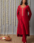 Chand Deep Red Cotton Silk Kurta with Organza Silk Dupatta - Set of 3