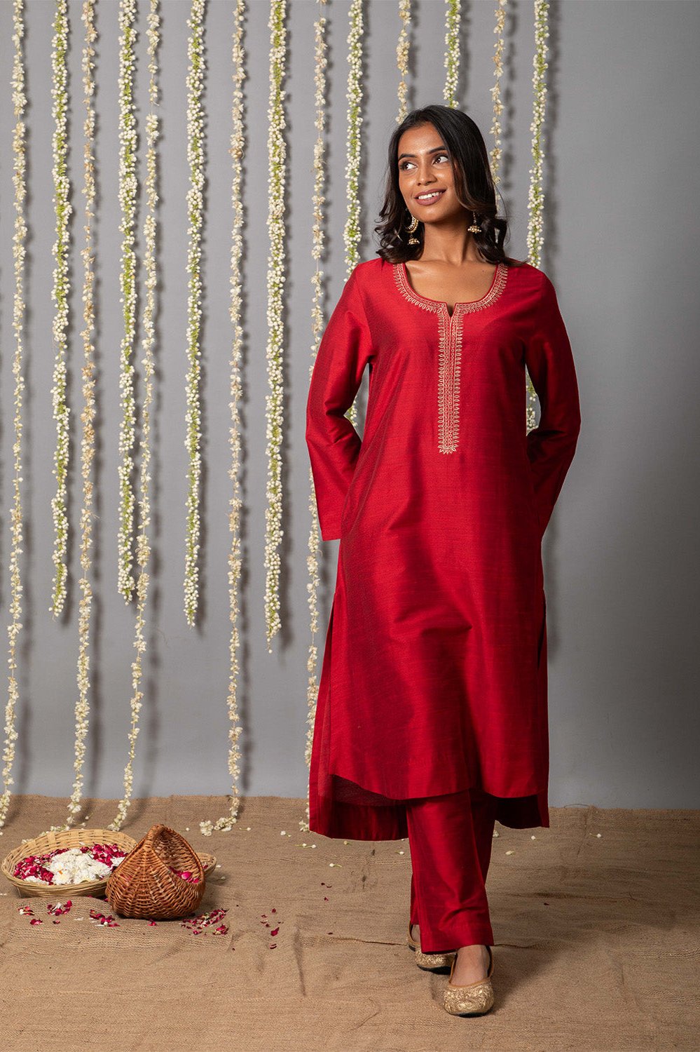 Chand Deep Red Cotton Silk Kurta with Organza Silk Dupatta - Set of 3