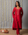 Chand Deep Red Cotton Silk Kurta with Organza Silk Dupatta - Set of 3