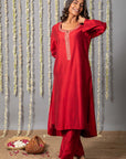 Chand Deep Red Cotton Silk Kurta with Organza Silk Dupatta - Set of 3