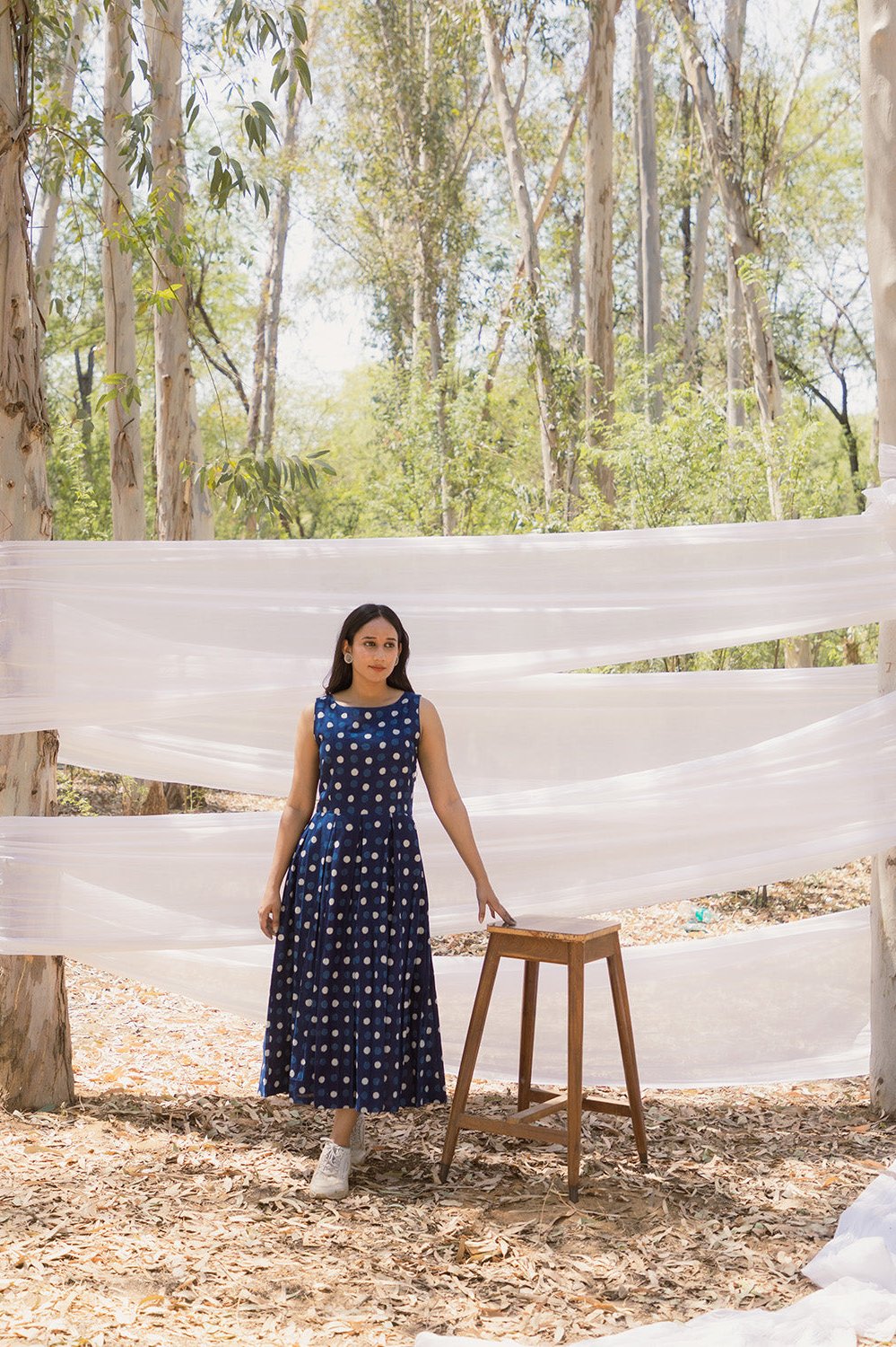 Indigo Polka Handblock Sleeveless Pleated Dress