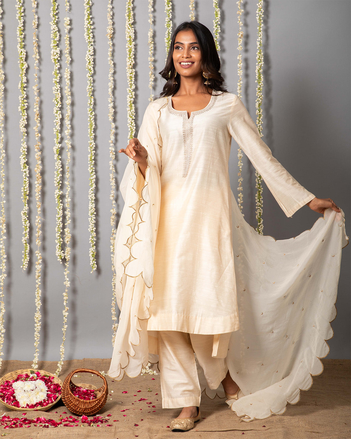 Chand Ivory Cotton Silk Kurta with Organza silk Dupatta - Set of 3