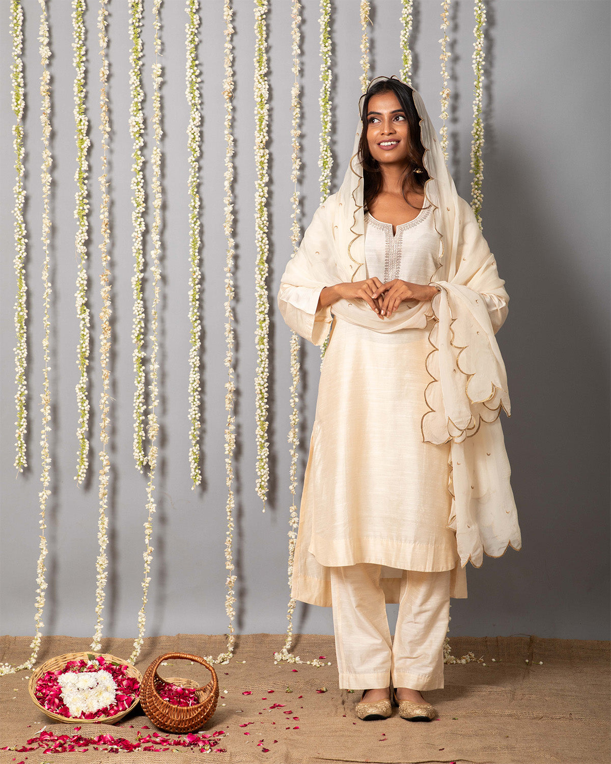 Chand Ivory Cotton Silk Kurta with Organza silk Dupatta - Set of 3