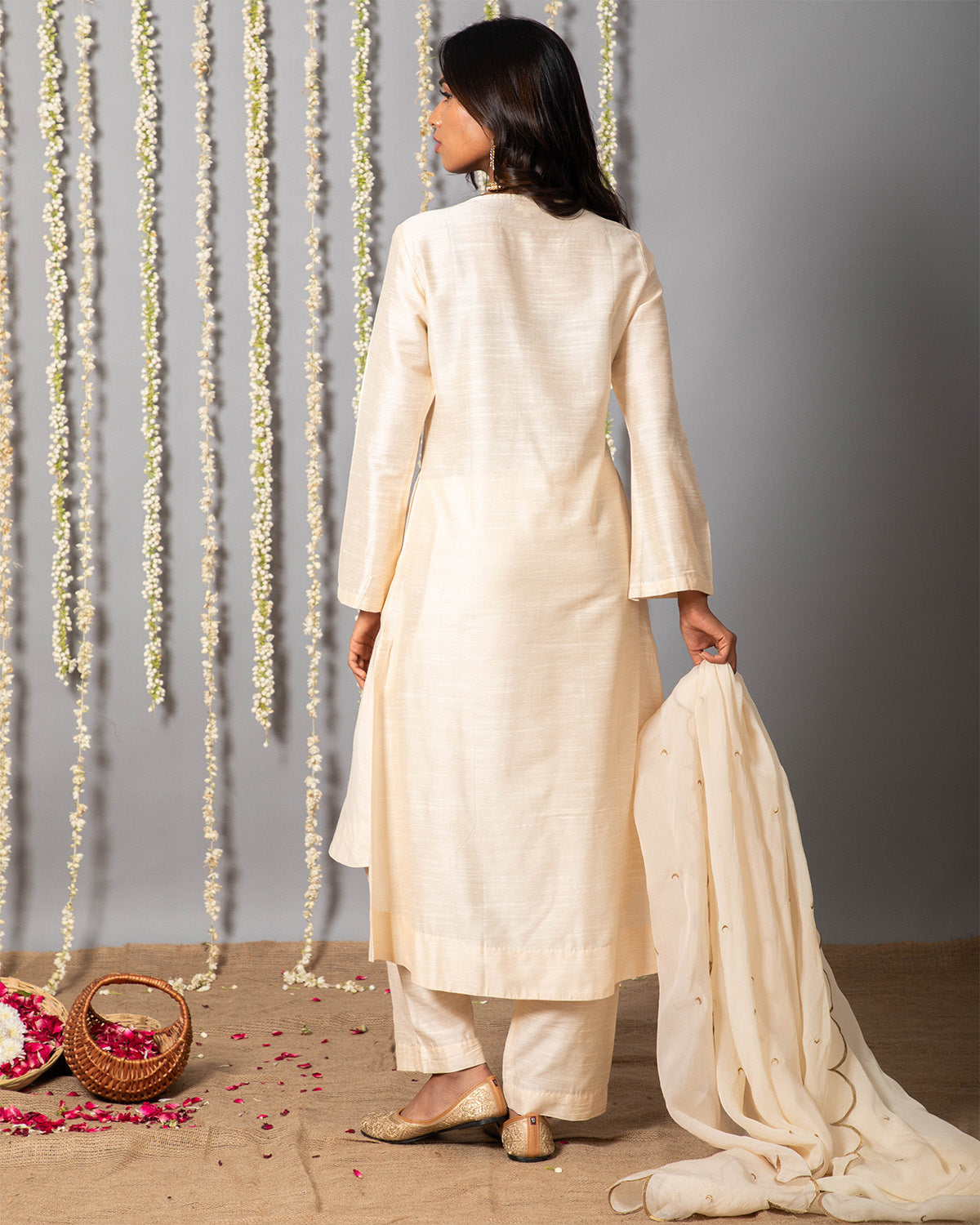 Chand Ivory Cotton Silk Kurta with Organza silk Dupatta - Set of 3