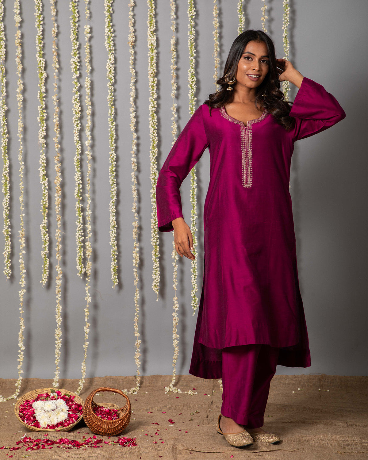 Wine Purple Cotton silk Kurta with Organza Silk Dupatta - Set of 3