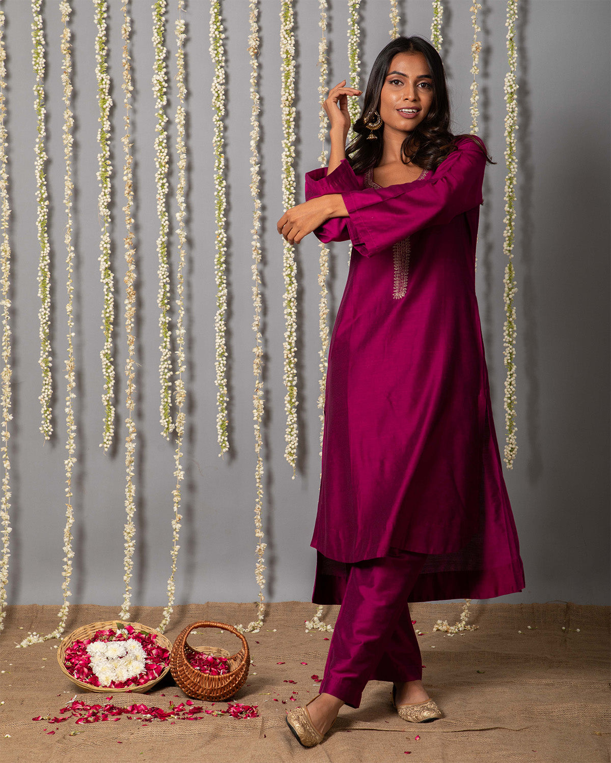 Wine Purple Cotton silk Kurta with Organza Silk Dupatta - Set of 3