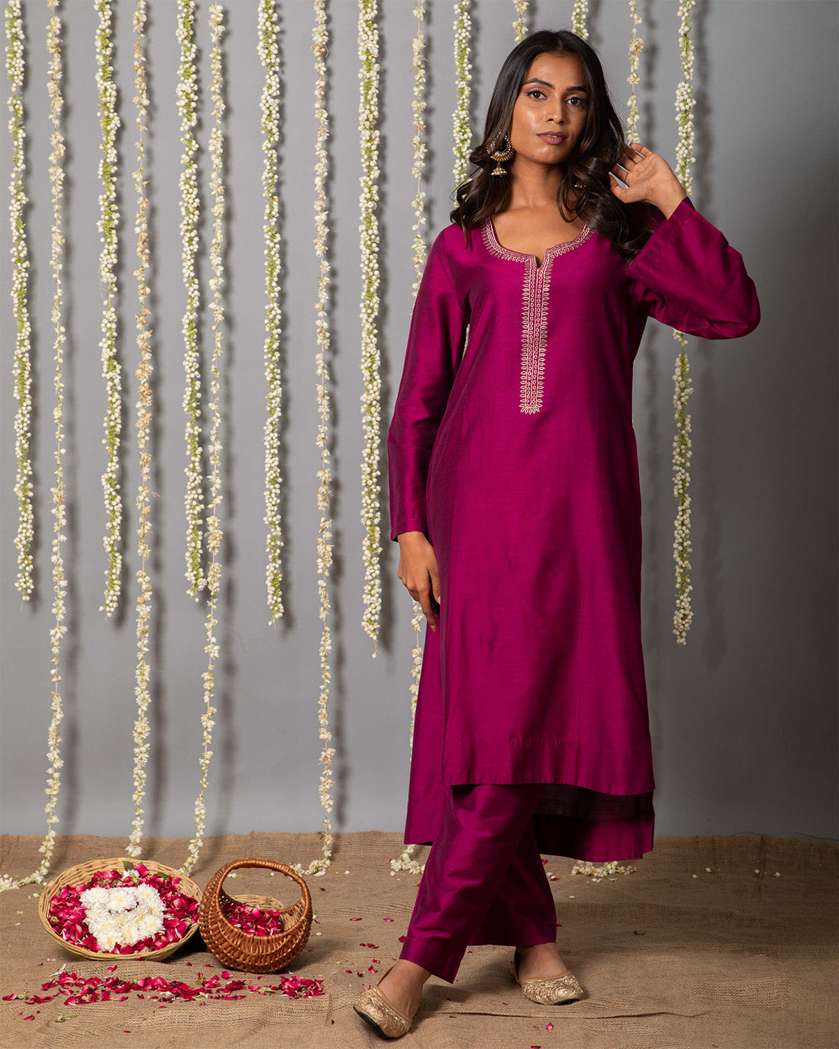 Wine Purple Cotton silk Kurta with Organza Silk Dupatta - Set of 3