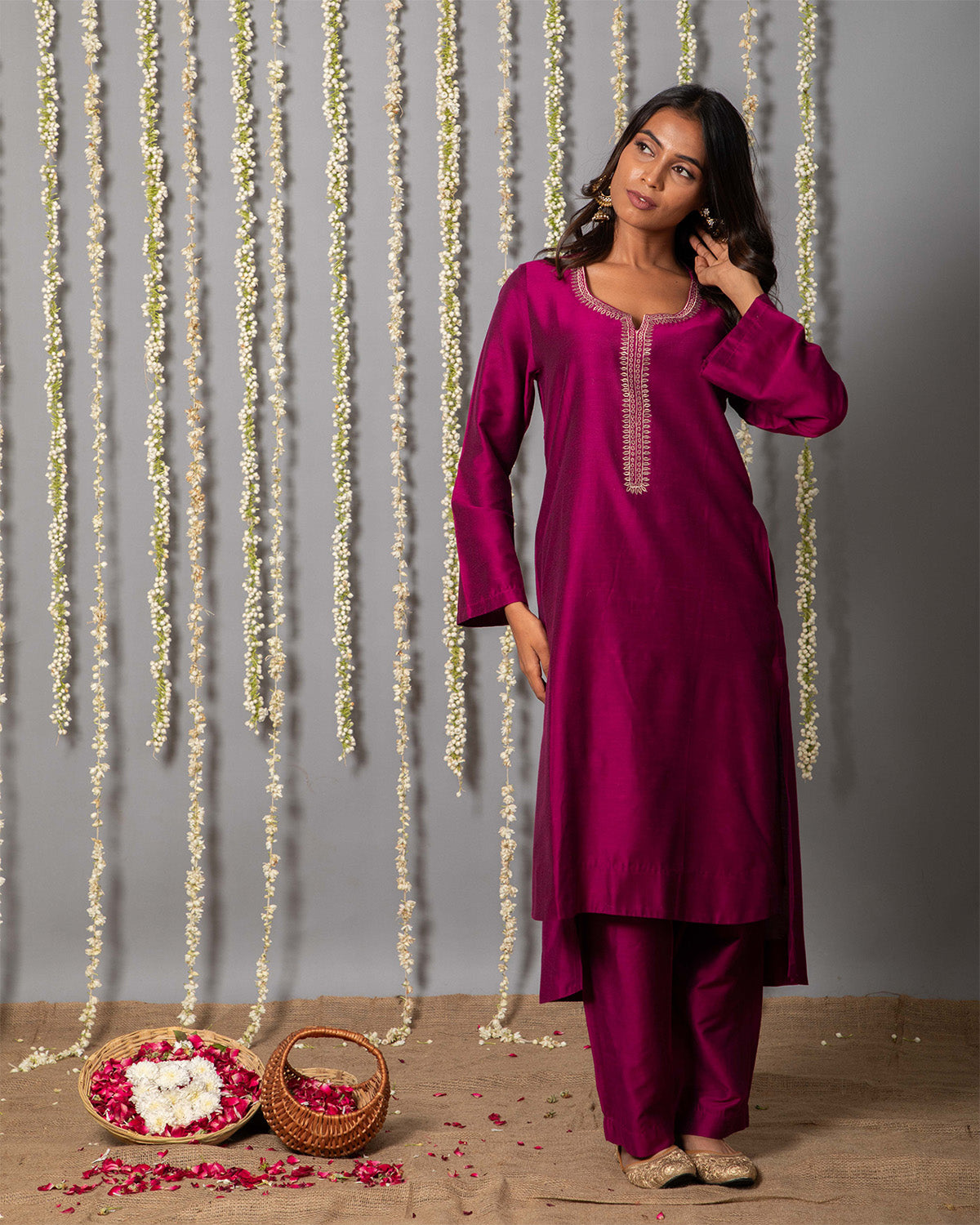 Wine Purple Cotton silk Kurta with Organza Silk Dupatta - Set of 3