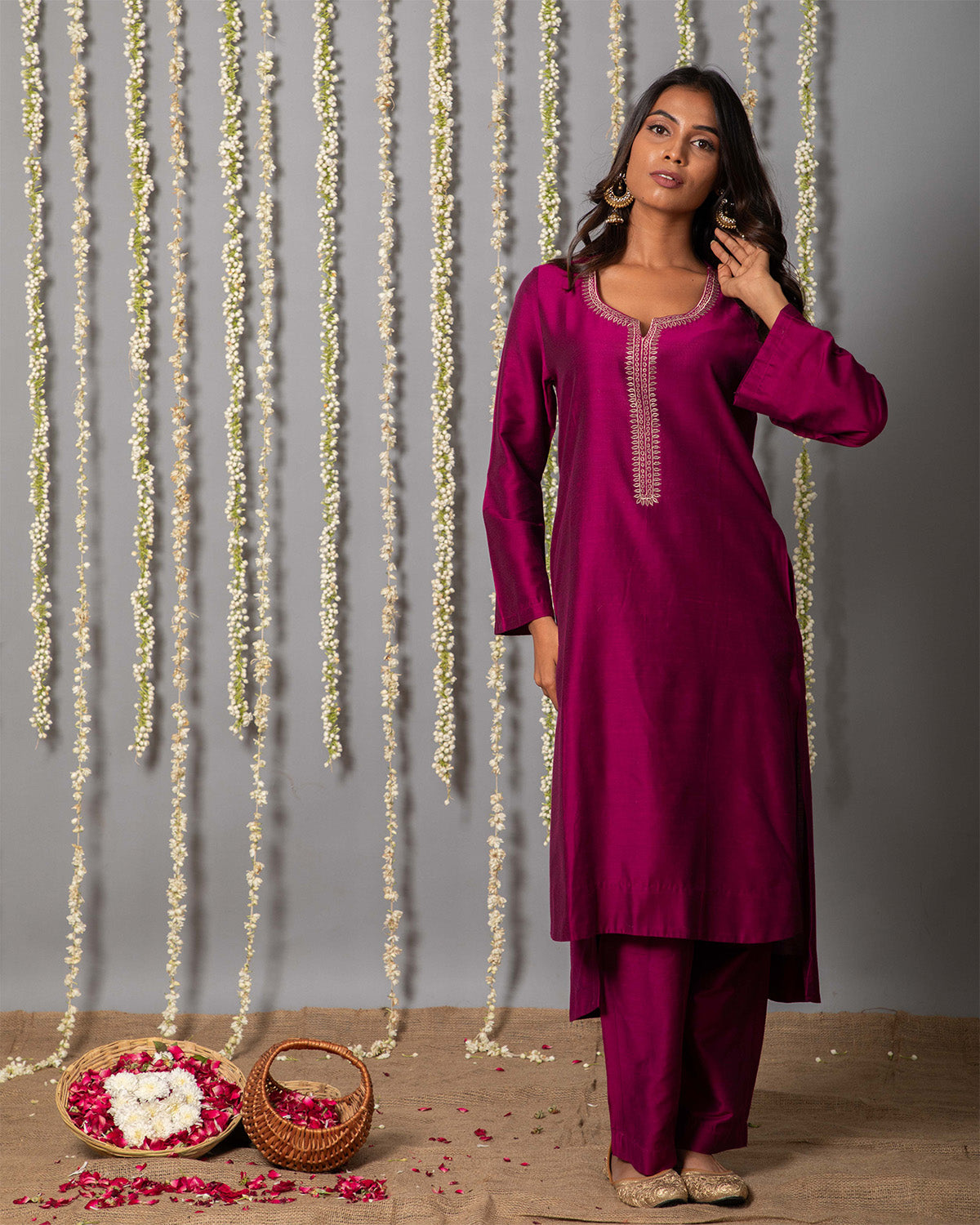 Wine Purple Cotton silk Kurta with Organza Silk Dupatta - Set of 3