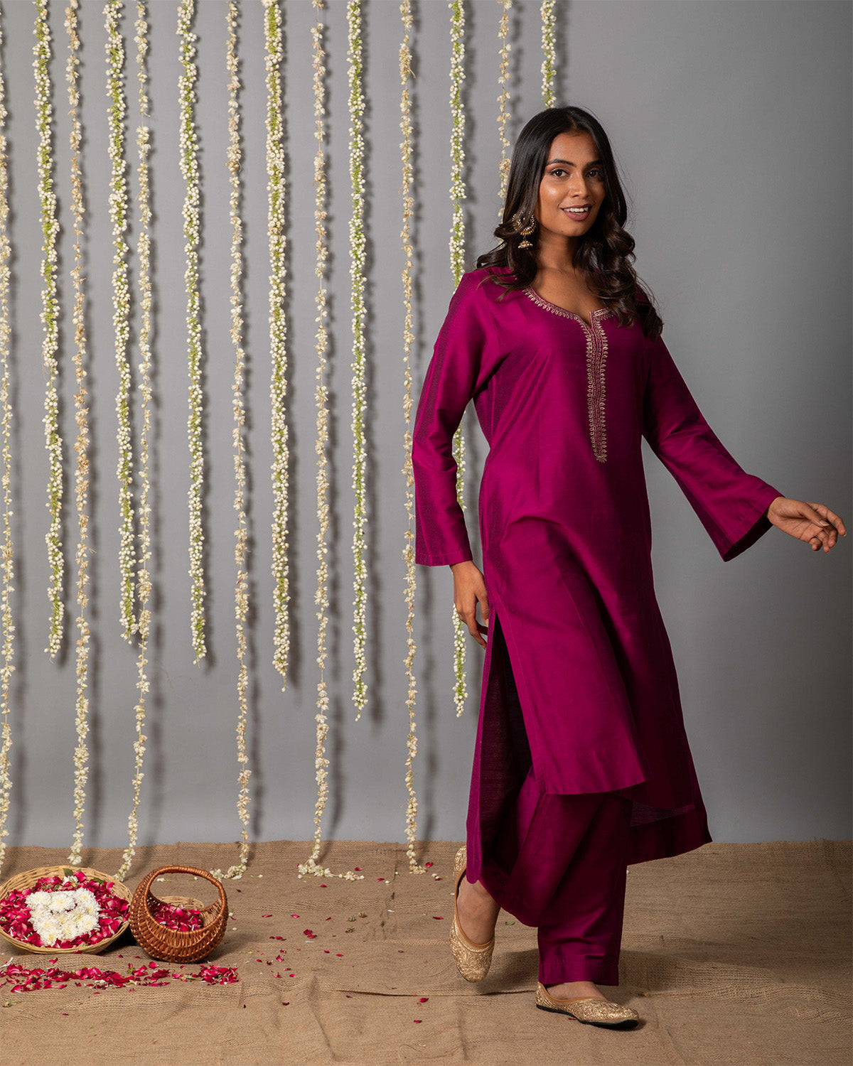 Wine Purple Cotton silk Kurta with Organza Silk Dupatta - Set of 3